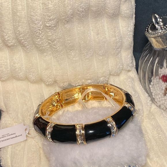 🔥 HOT ♥️ NEW BOMBSHELL BRACELET STRETCH BLACK GOLD BANGLE SPARKLING STATEMENT - Picture 5 of 10